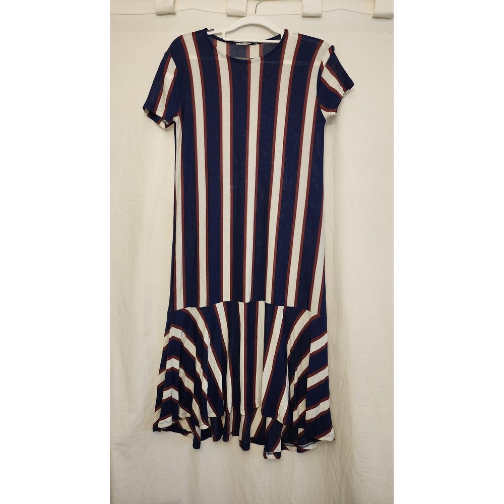 Zara Trafaluc Dress Womens Small Blue White Red Stripe Drop Waist Ruffle Hem